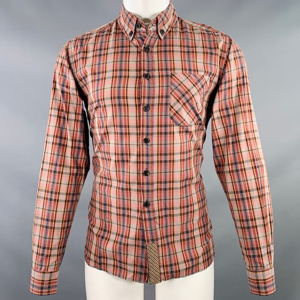 S Red Grey Plaid Cotton One Pocket Button Down Collar Long Sleeve Shirt